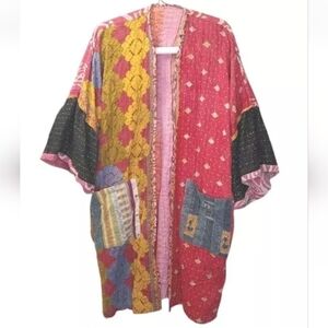Kantha Patchwork Kimono Jacket Reversible Colorful Boho Patch Pockets Woman O/S